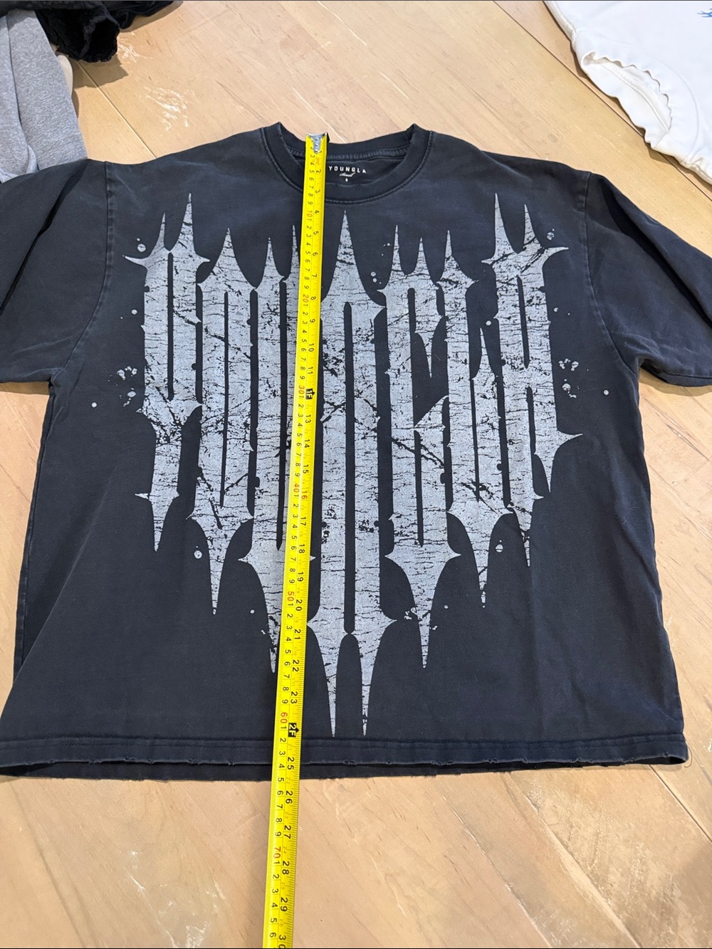 YoungLA Black Tee with Distressed Gray Graphic